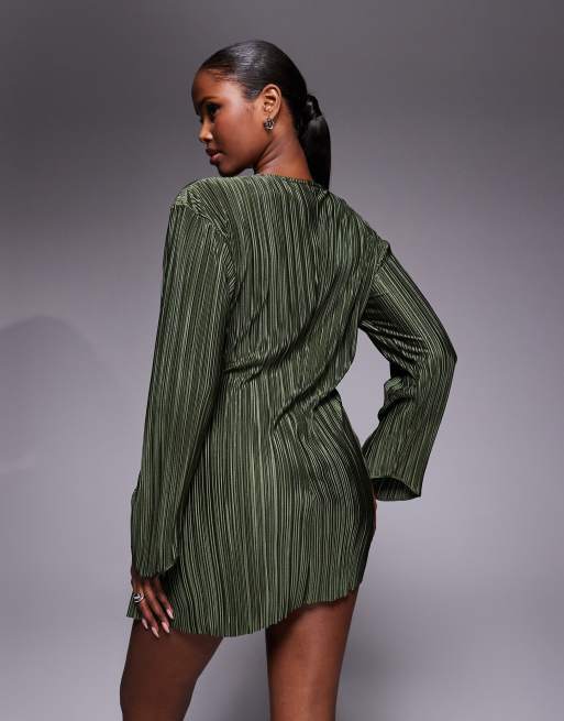 ASOS DESIGN plisse tie detail mini dress in khaki, 4 of 4
