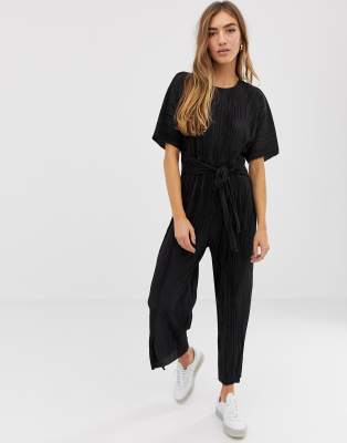 ASOS DESIGN plisse tie front culotte jumpsuit-Black