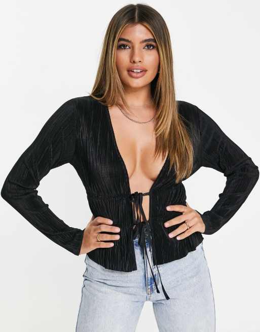 ASOS DESIGN - Plissé top met lange mouwen en strikdetail in zwart