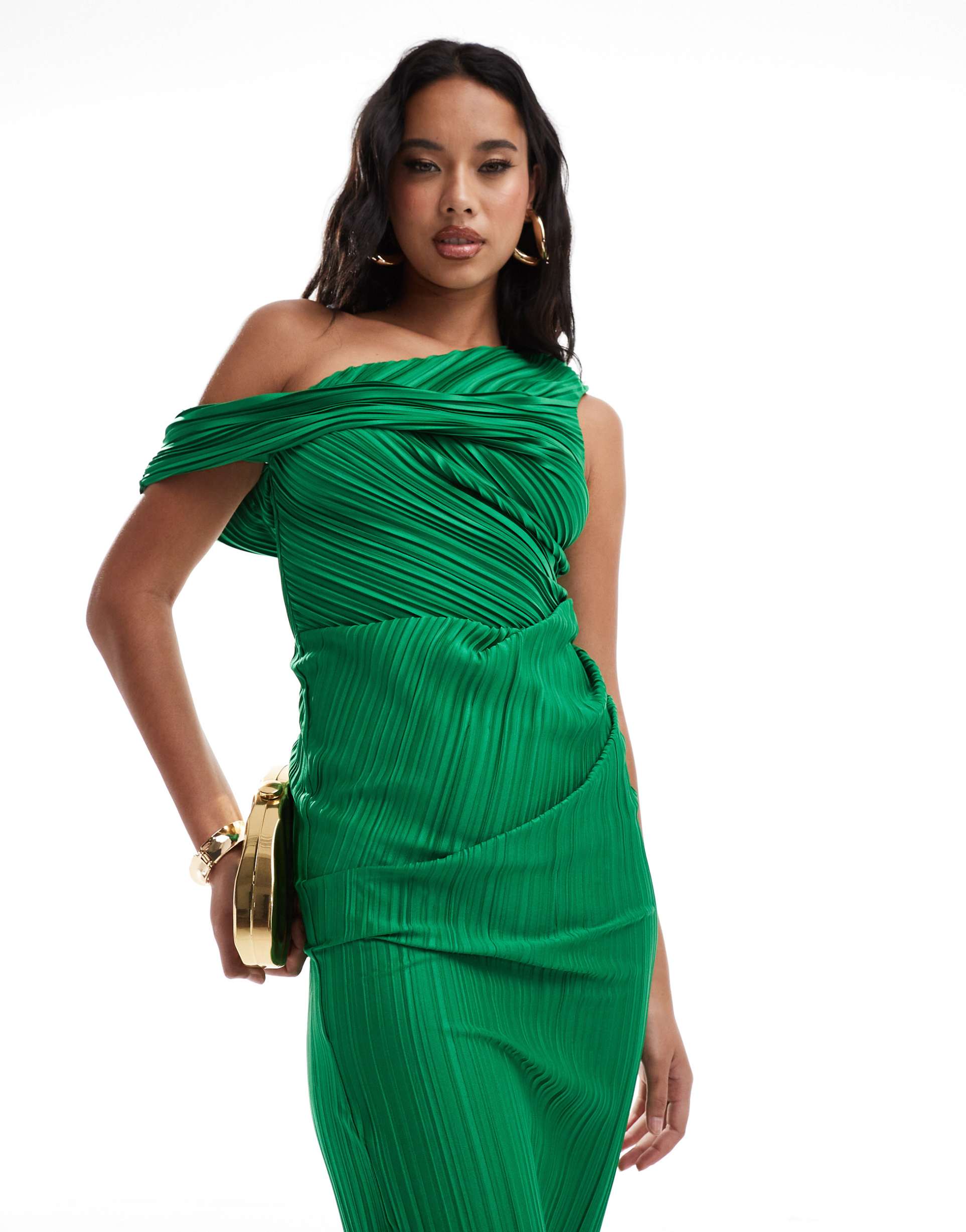 asos design plisse twist fallen shoulder midi dress in green