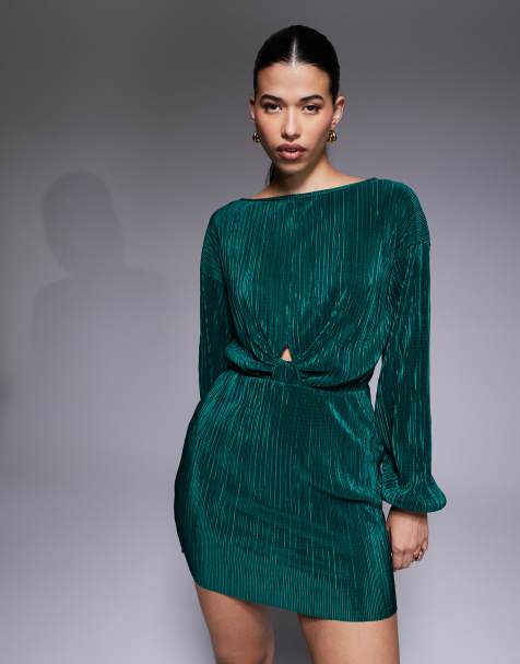 ASOS DESIGN plisse twist front mini dress in bottle green - view 1