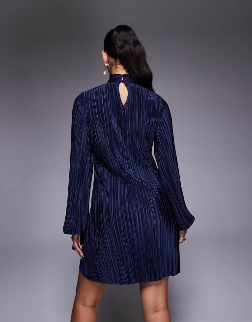 ASOS DESIGN plisse V front choker detail with balloon sleeve mini dress in navy, 2 of 4