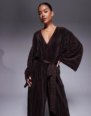 Asos Design Plisse V-front Tie Back Waist Wide Leg Jumpsuit In Brown