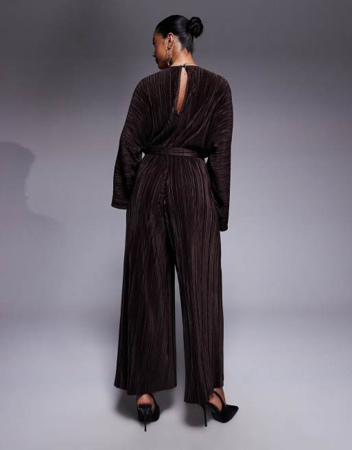 ASOS DESIGN plisse V front tie back waist wide leg jumpsuit in chocolate, 3 of 4