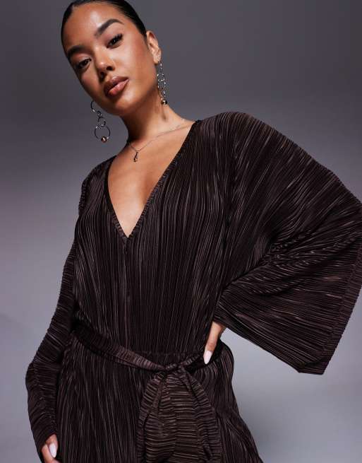 ASOS DESIGN plisse V front tie back waist wide leg jumpsuit in chocolate, 4 of 4