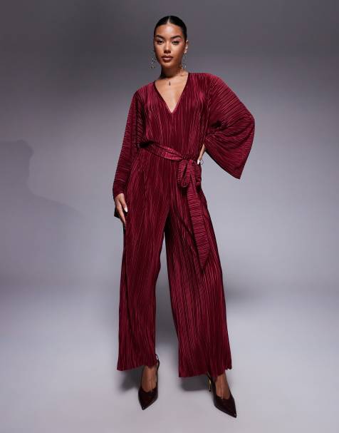 ASOS DESIGN plisse V front tie back waist wide leg jumpsuit in wine - BURGUNDY - view 1