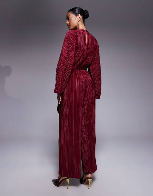 ASOS DESIGN plisse V front tie back waist wide leg jumpsuit in wine - BURGUNDY, 3 of 4