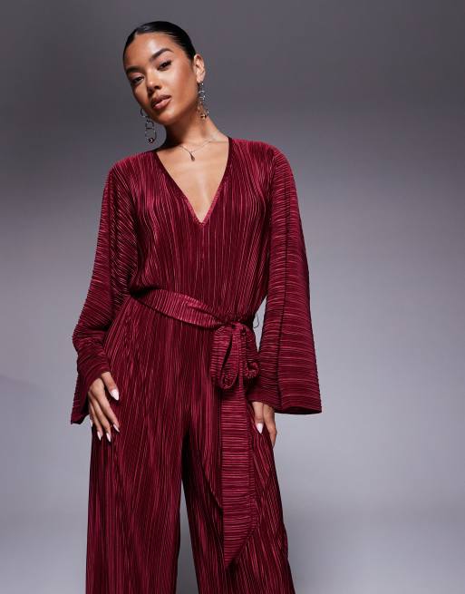 ASOS DESIGN plisse V front tie back waist wide leg jumpsuit in wine, 2 of 4