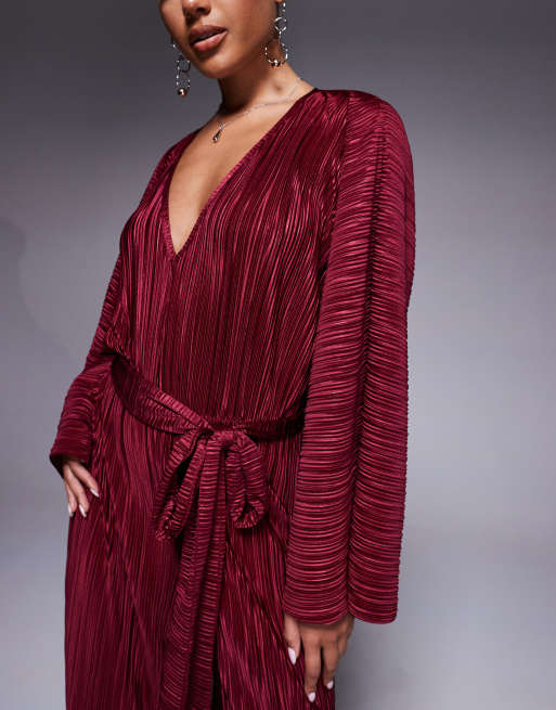ASOS DESIGN plisse V front tie back waist wide leg jumpsuit in wine, 4 of 4