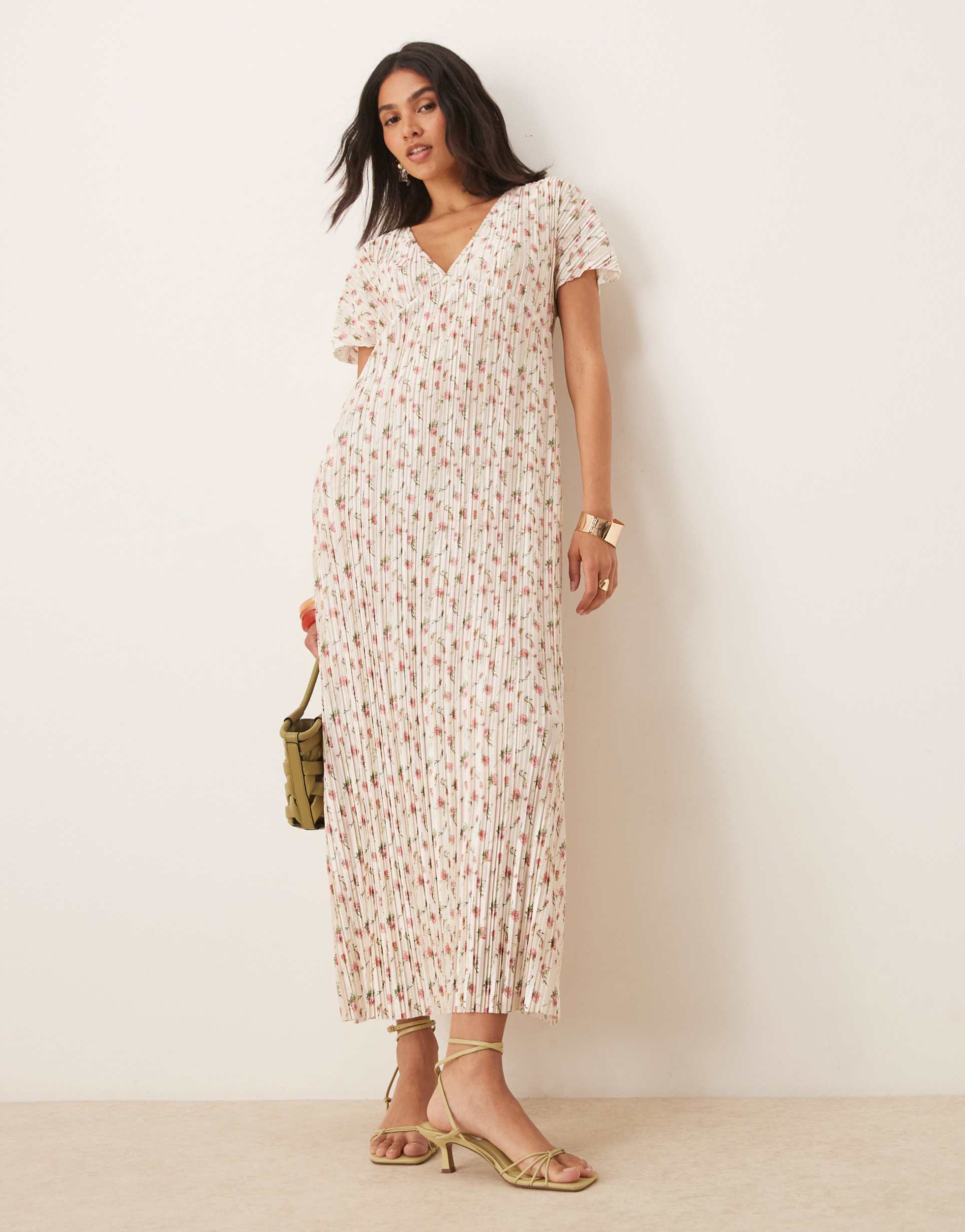 asos design plisse v neck midi dress in floral print