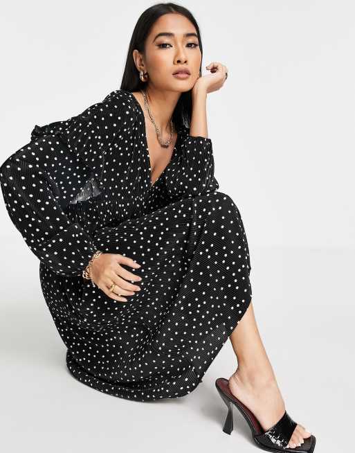ASOS DESIGN plisse V-neck midi dress in mono dot print 