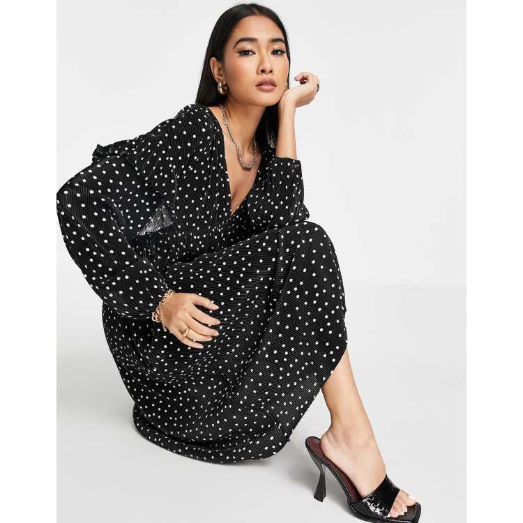 ASOS DESIGN plisse v neck midi dress in mono spot print