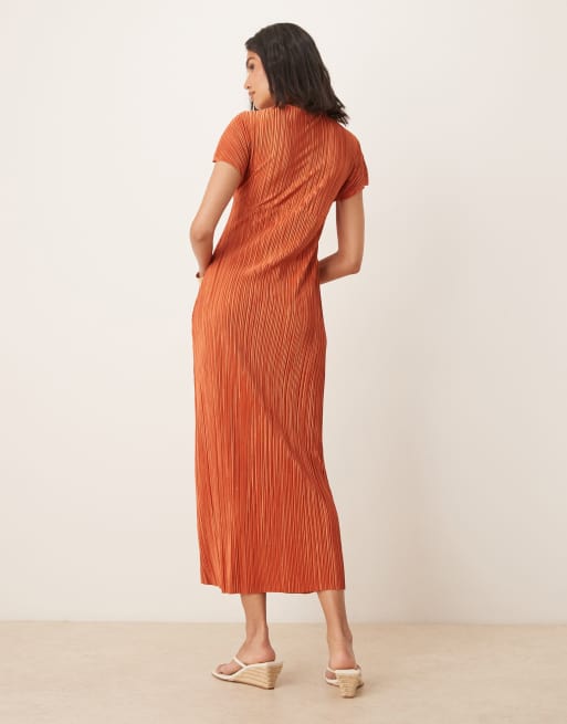 ASOS DESIGN plisse v neck midi dress in rust