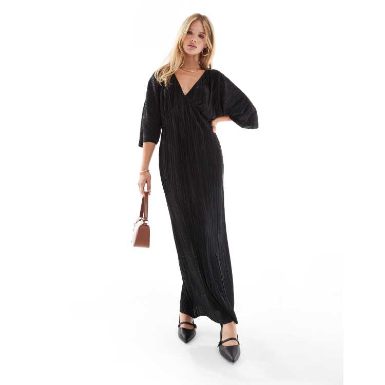 ASOS DESIGN plisse v neck midi dress with batwing sleeve in black ASOS