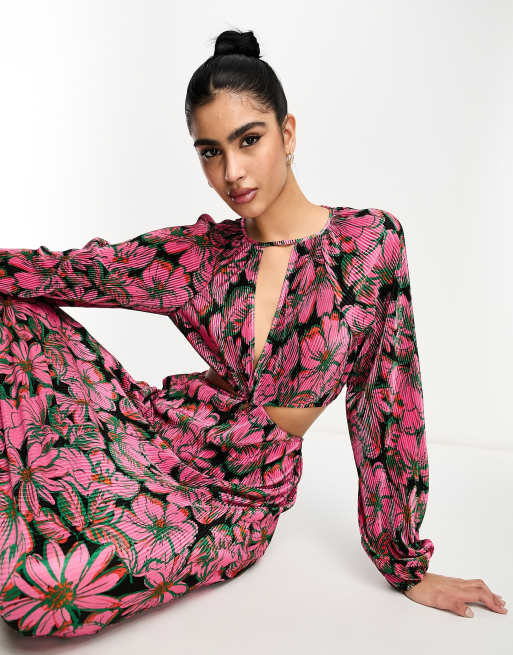 ASOS DESIGN plisse volume sleeve maxi dress with cut outs in black and pink floral , 2 of 4