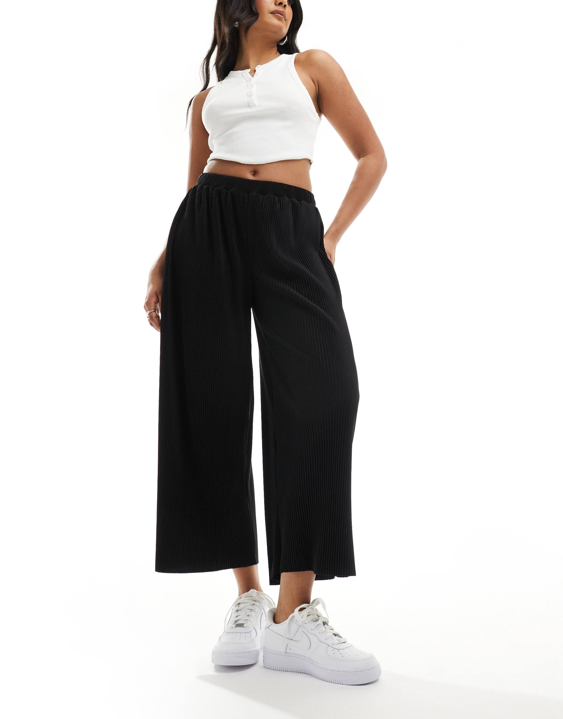 asos design plisse wide culottes in black