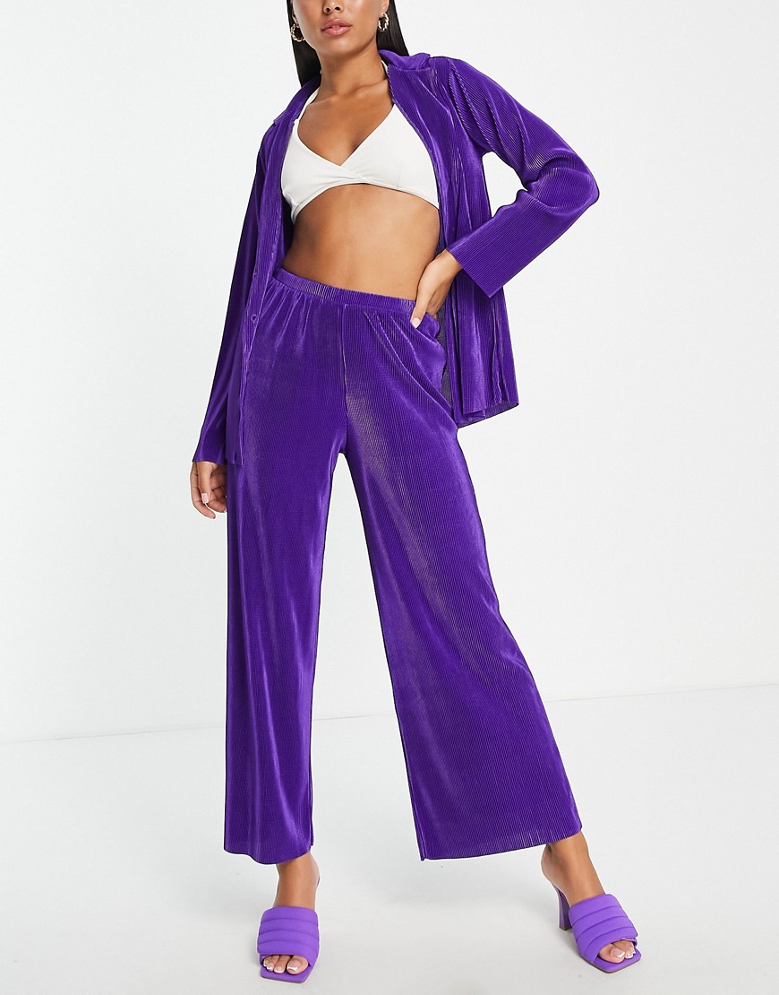 ASOS DESIGN plisse wide leg beach pants in purple - part of a set