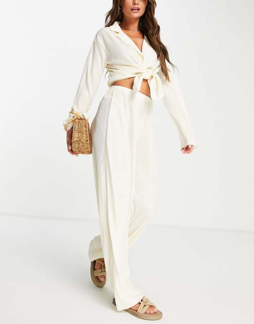 ASOS DESIGN plisse wide leg beach trouser co ord in ivory ASOS