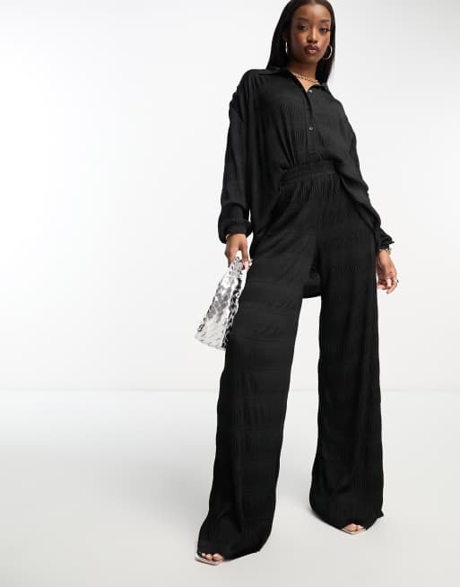 ASOS DESIGN oversized plisse shirt and wide leg pants set in black