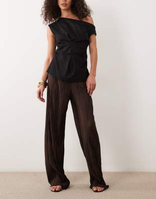 Asos Design Plisse Wide Leg Pants In Brown