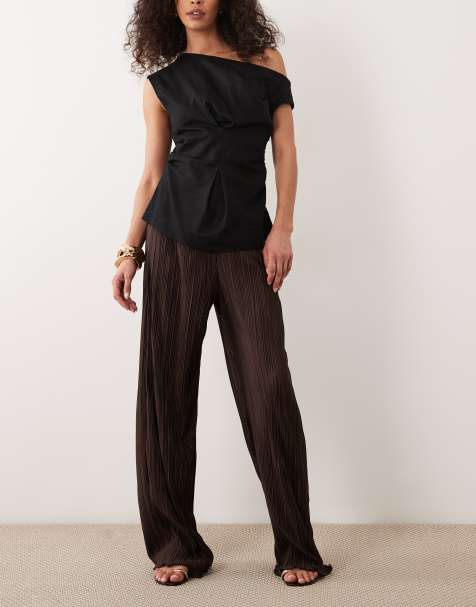 ASOS DESIGN plisse wide leg pants in brown - part of a set - view 1