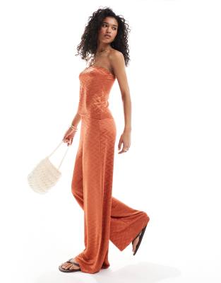 Asos Design Plisse Wide Leg Pants In Rust - Part Of A Set-orange