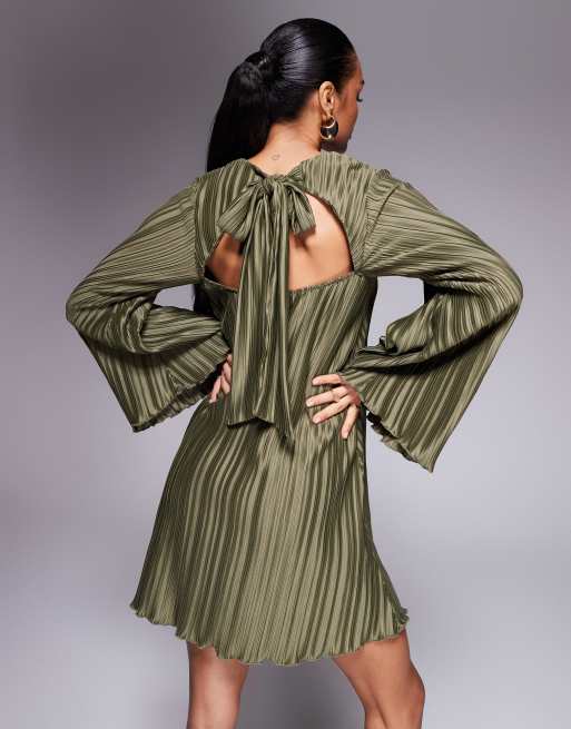 ASOS DESIGN plisse wide sleeve mini dress with back bow detail in khaki green