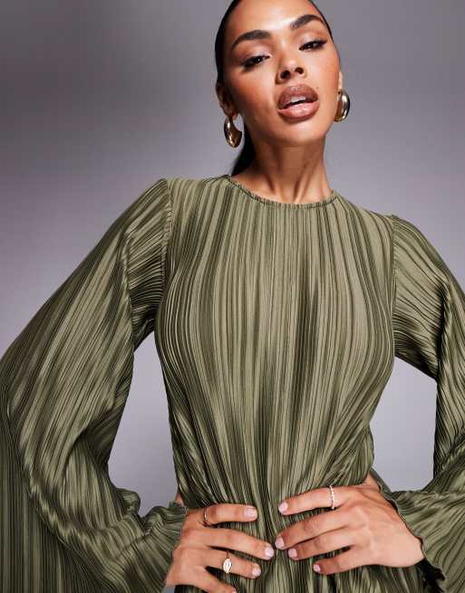 ASOS DESIGN plisse wide sleeve mini dress with back bow detail in khaki green