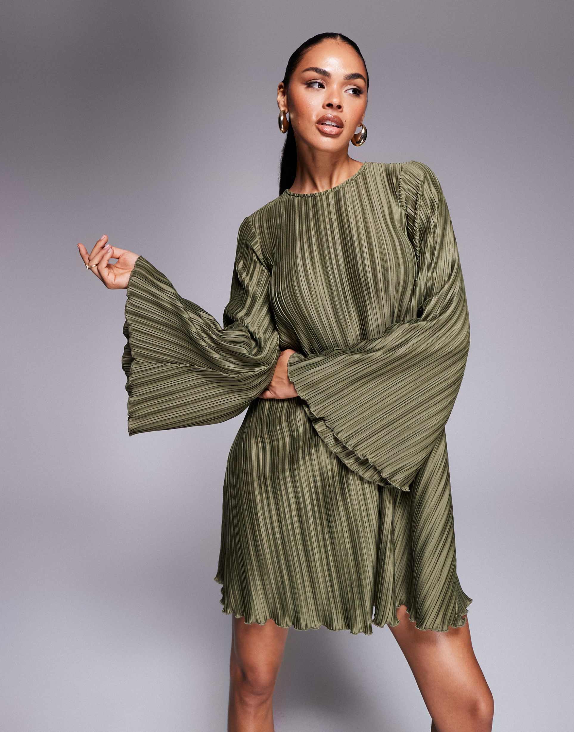 asos design plisse wide sleeve mini dress with back bow detail in khaki
