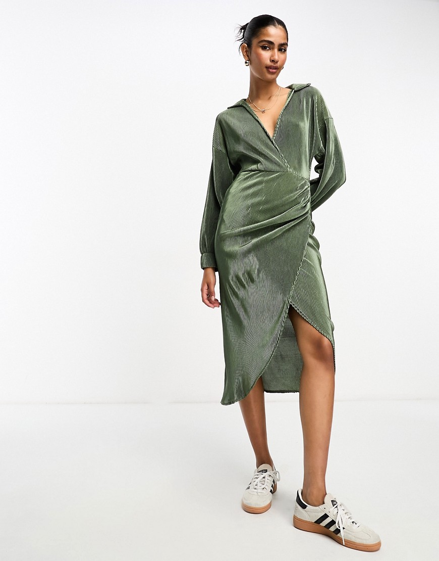 ASOS DESIGN plisse wrap collared midi dress in khaki-Green