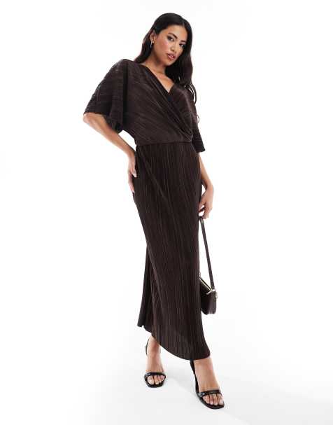 ASOS DESIGN plisse wrap front column skirt midi dress in chocolate - view 1
