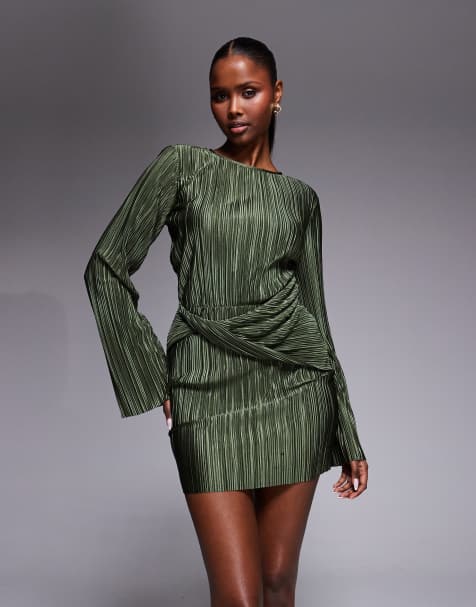 ASOS DESIGN plissé wrap front mini dress in khaki green - view 1
