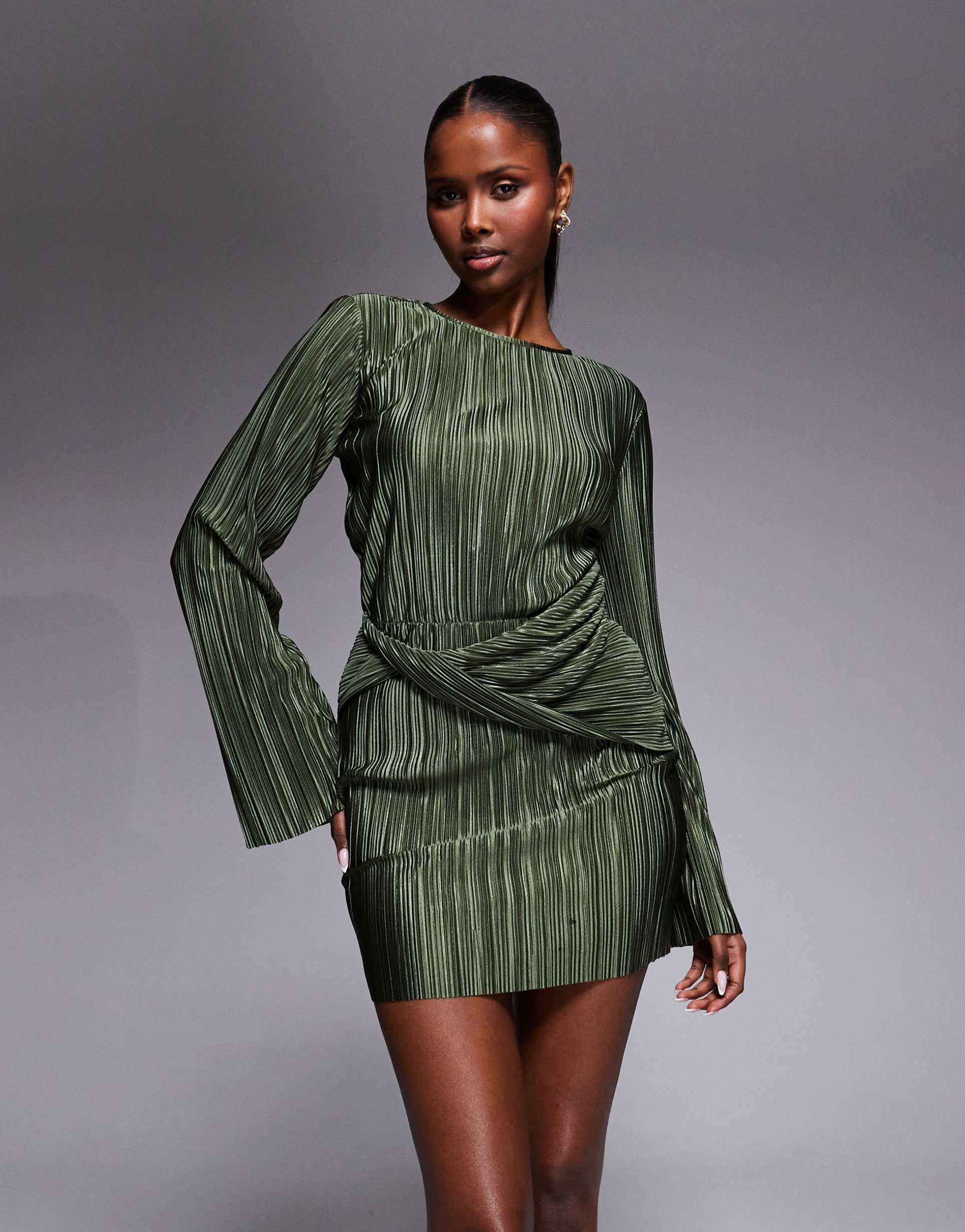 asos design plissé wrap front mini dress in khaki green