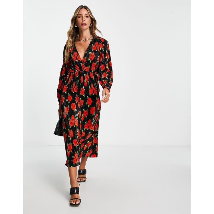 ASOS DESIGN plisse wrap midi dress in black and red rose print ASOS