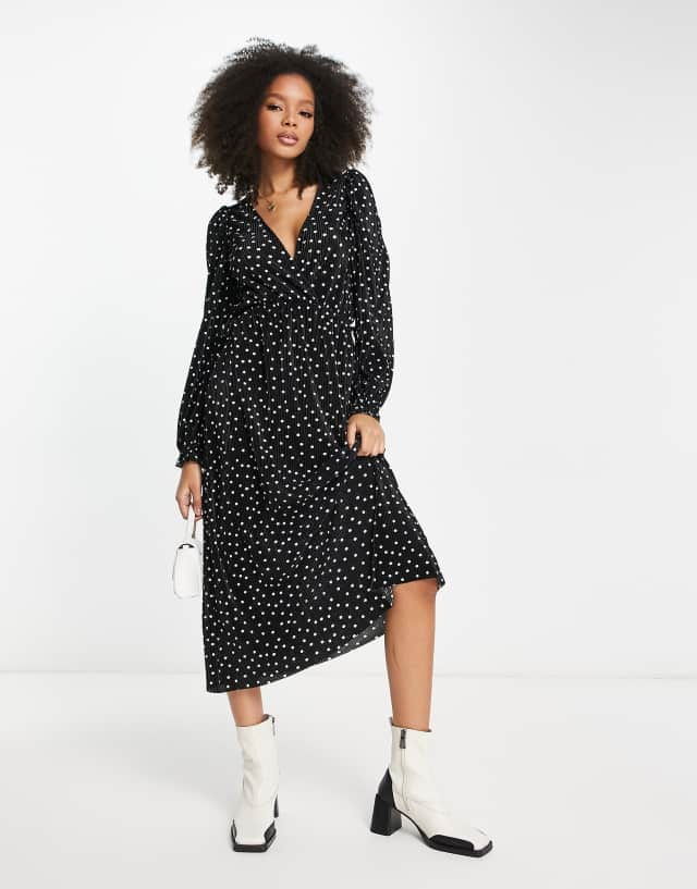 ASOS DESIGN plisse wrap midi dress in mono spot