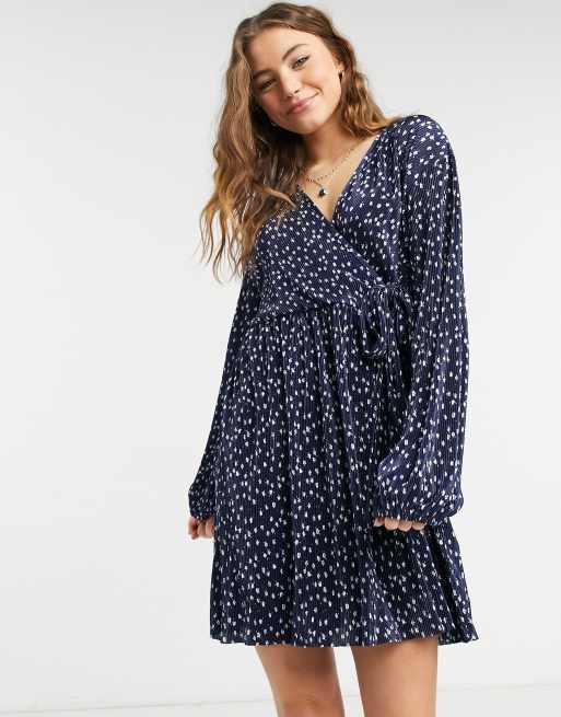 ASOS DESIGN plisse wrap mini dress with long sleeves in dark navy ...