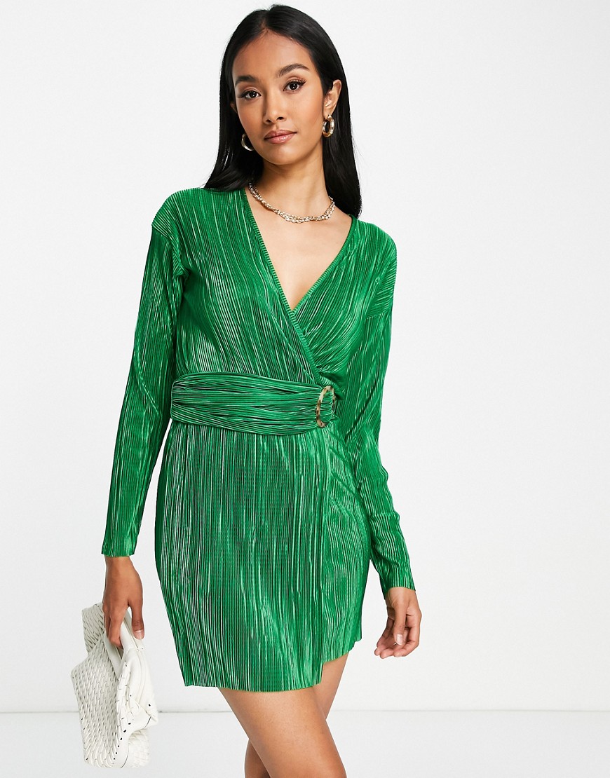 Shop Asos Design Plisse Wrap Mini Dress With Tortoise Shell Trim In Green