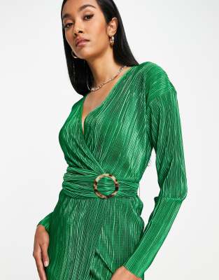 ASOS DESIGN plisse wrap mini dress with tortoise shell trim in green