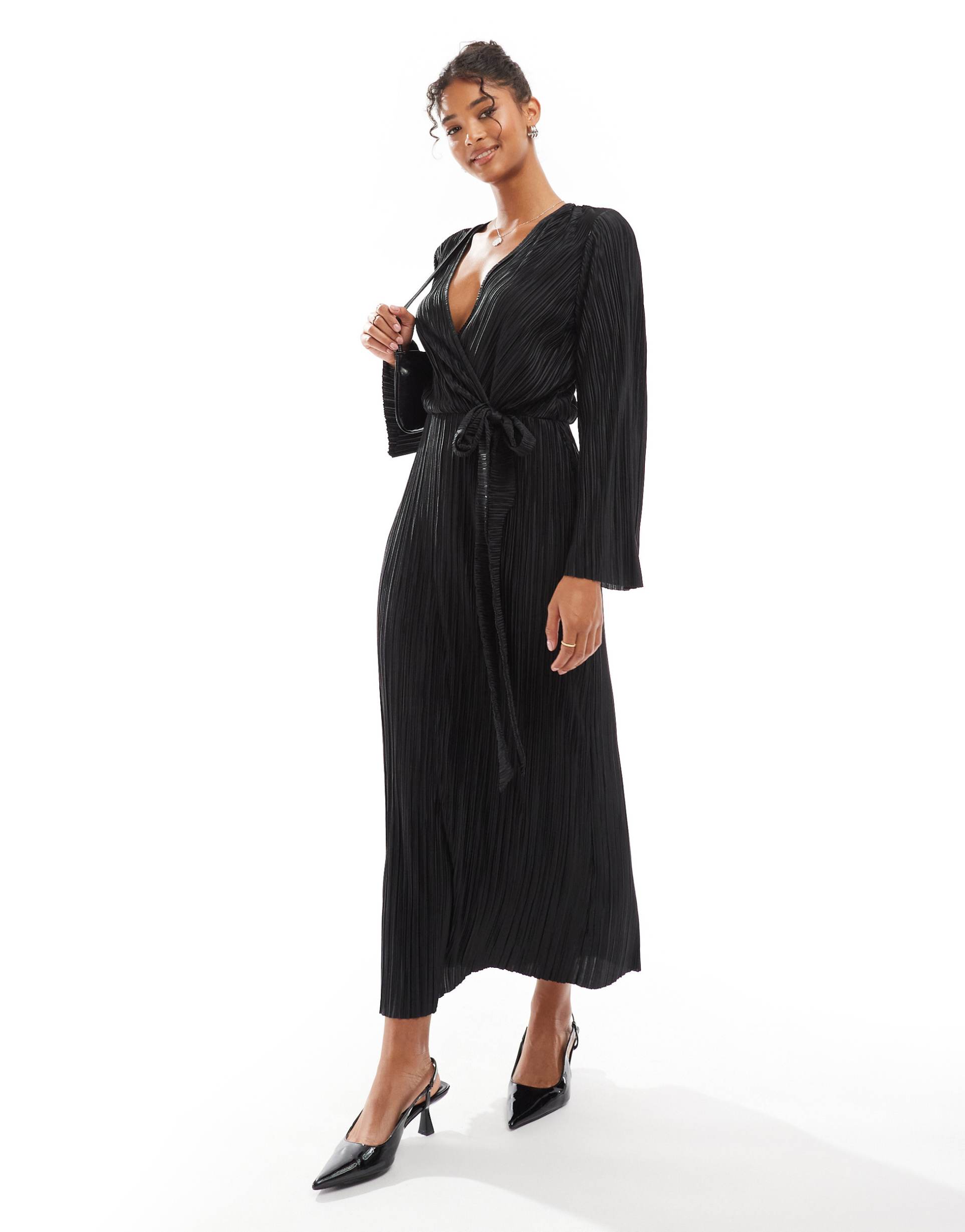 asos design plisse wrap tie front midi dress with wide sleeve in black