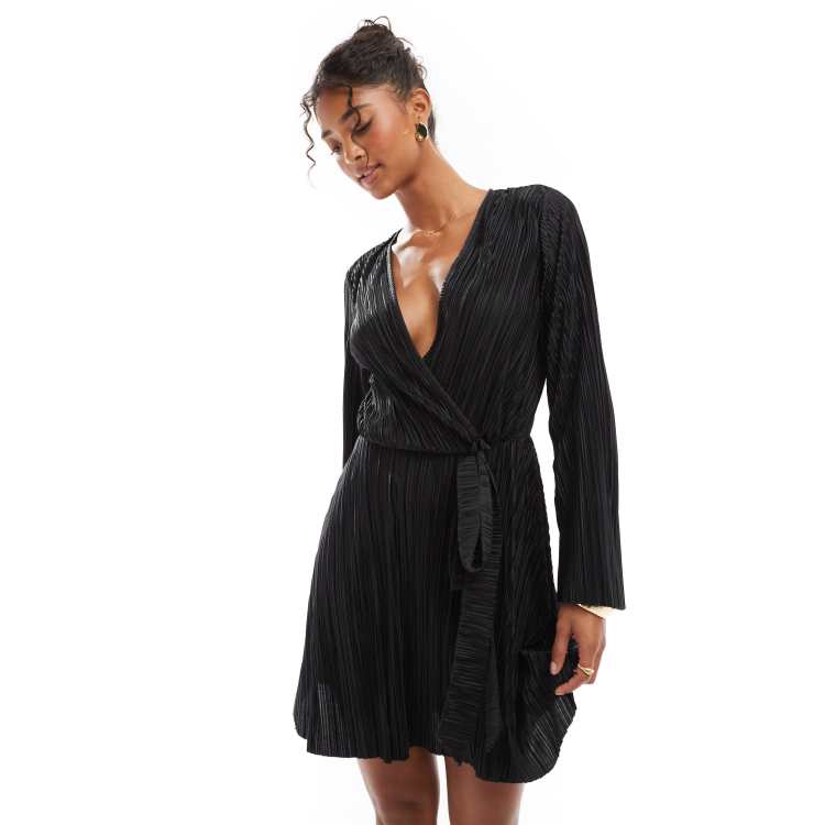 ASOS DESIGN plisse wrap tie front mini dress with wide sleeve in black