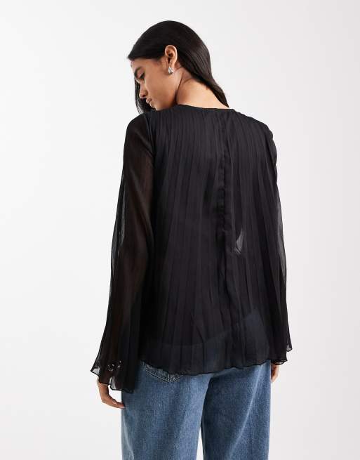 ASOS DESIGN – Plissee-Bluse in Schwarz mit gebundener Vorderseite, 3 von 4