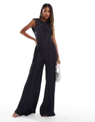 ASOS DESIGN - Plissee-Jumpsuit in Anthrazit mit abfallendem, verdrehtem Träger-Grau