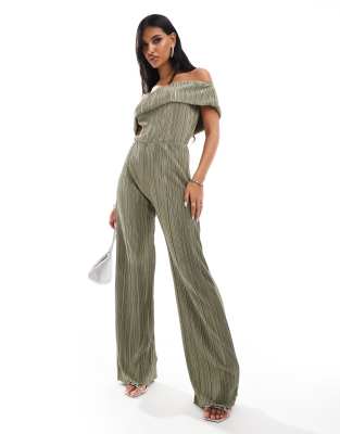 ASOS DESIGN - Plissee-Jumpsuit in Khaki mit weitem Bein und Carmen-Ausschnitt-Grün