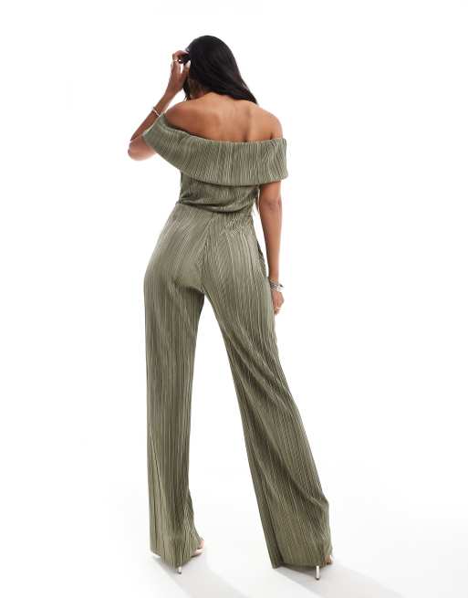 ASOS DESIGN – Plissee-Jumpsuit in Khaki mit weitem Bein und Carmen-Ausschnitt, 4 von 4