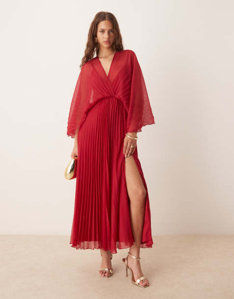 ASOS DESIGN – Plissee-Maxikleid in Kirschrot mit Cape-Detail - view 1