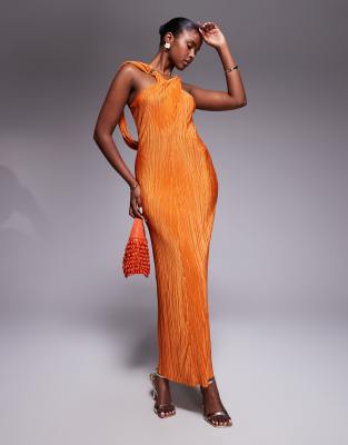 ASOS DESIGN - Plissee-Maxikleid in Orange mit überkreuzter Vorder- und drapierter Rückseite