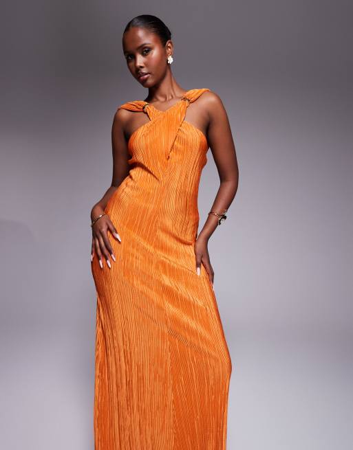 ASOS DESIGN – Plissee-Maxikleid in Orange mit überkreuzter Vorder- und drapierter Rückseite, 2 von 4