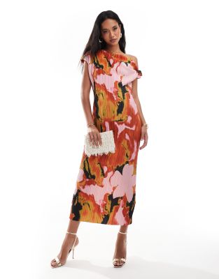 ASOS DESIGN - Plissee-Maxikleid mit abfallender Schulterpartie, verdrehtem Detail und abstraktem Blumenmuster-Bunt