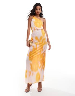 ASOS DESIGN - Plissee-Maxikleid mit verdrehtem One-Shoulder-Träger und Blumenmuster in Orange und Rosa-Bunt