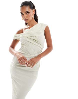 ASOS DESIGN - Plissee-Midikleid in Cremeweiß mit abfallendem, verdrehtem Träger